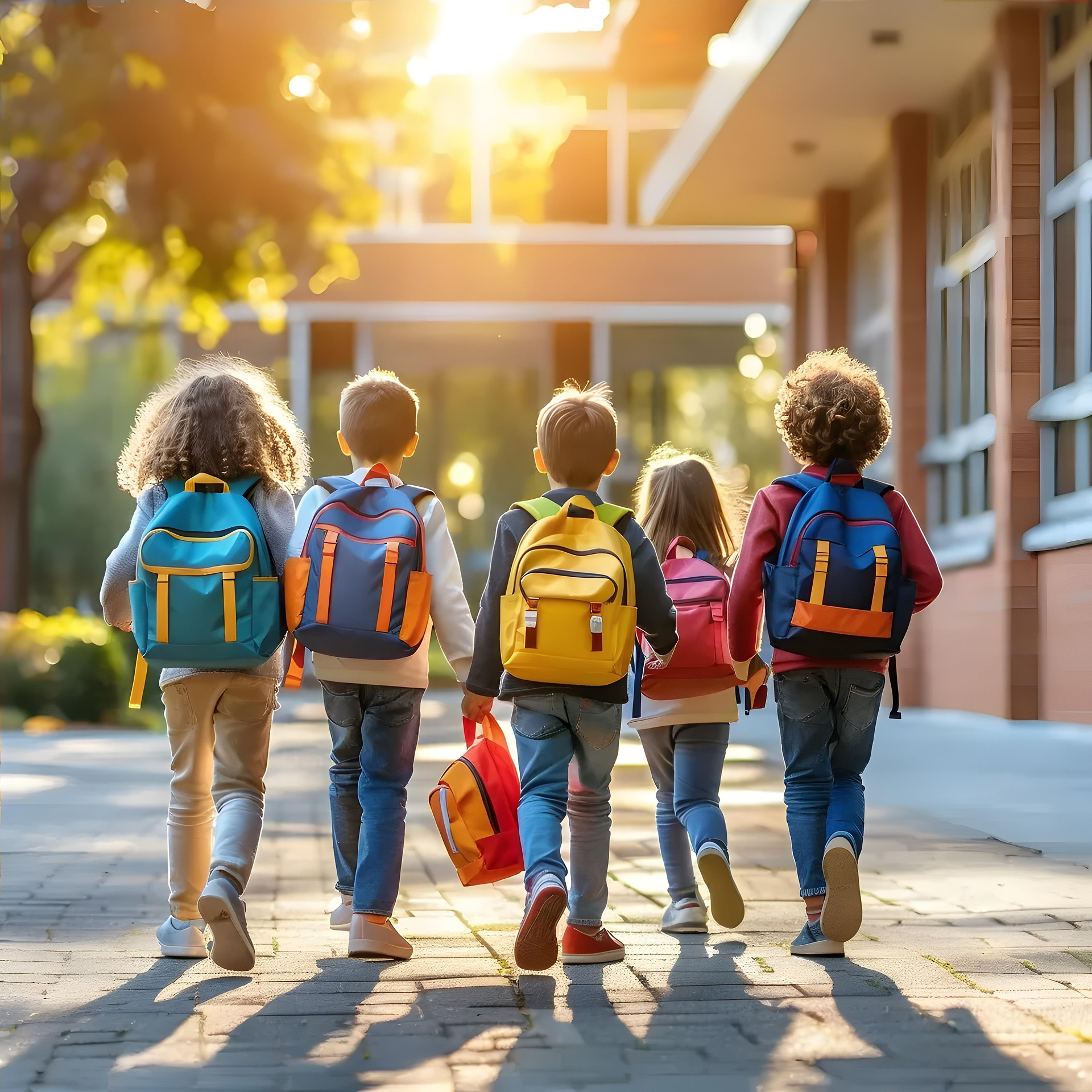 5 elementary school kids heading into school wearing colorful backpacks.
